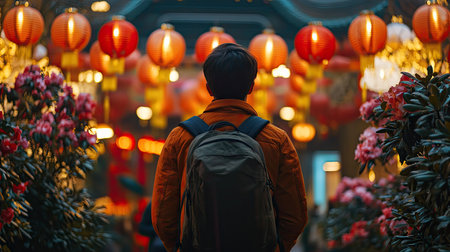 A backpacker admiring Chinese New Year decorations at a cultural landmark, surrounded by lanterns and flowers, reflecting on the celebration alone.の素材