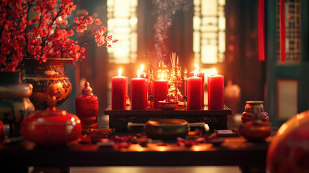 A beautifully adorned altar featuring red candles, incense, and offerings, surrounded by Chinese New Year decorations.の素材