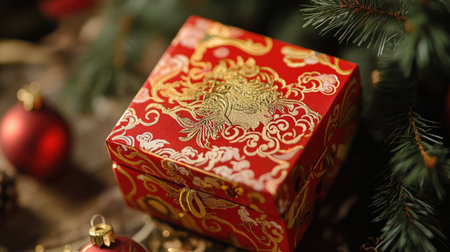 A beautifully decorated Chinese New Year gift box, with intricate patterns and gold accents, placed under a tree of prosperity.の素材