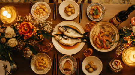 A beautifully arranged Chinese New Year dinner table with traditional dishes like fish, noodles, and sweet treats, symbolizing abundance.の素材