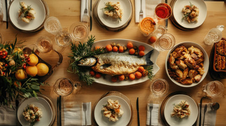 A beautifully arranged Chinese New Year dinner table with traditional dishes like fish, noodles, and sweet treats, symbolizing abundance.の素材