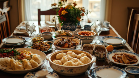 A beautifully set table for a Chinese New Year feast, with a variety of traditional dishes like hot pot, dumplings, and fish.の素材