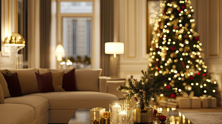 A beautifully decorated living room with a blurred Christmas tree, glowing lights, and festive touches, perfect for holiday photo backgroundsの素材