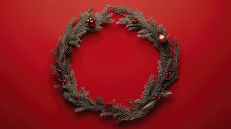 A beautiful round frame of fir branches and holiday ornaments on a red background, ideal for designing Christmas cards or promotional holiday content with space for text.の素材