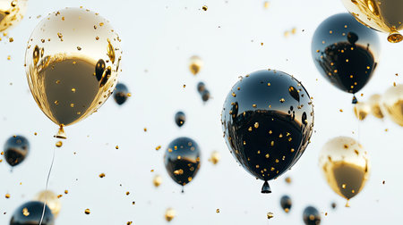 A birthday or anniversary greeting card design featuring floating gold and black D helium balloons on a bright white background.の素材