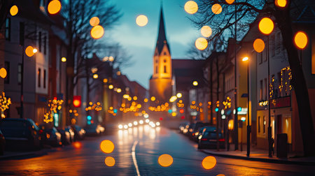 A breathtaking view of the illuminated streets near St. Mary's Church in Celle, Germany, with festive Christmas lights shining brightly in the eveningの素材