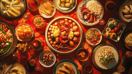 A bird's-eye view of a bustling Chinese New Year dinner table with vibrant dishes and the lively energy of a family celebration.の素材