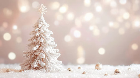 A beautiful Christmas card with a white Christmas tree and delicate snowflakes, set on a soft, blurred background, ideal for sending festive wishes.の素材