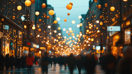A bustling street decorated with glowing Chinese New Year lanterns in various sizes and shapes, creating a festive atmosphere.の素材