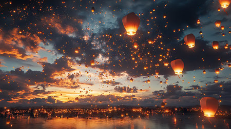 A breathtaking view of hundreds of lanterns being released into the sky during a Chinese New Year celebration, creating a magical scene.の素材