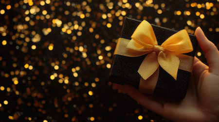 A black gift box with a yellow satin bow held by a hand, placed over shimmering golden sequins on a plain black background with copy space.の素材