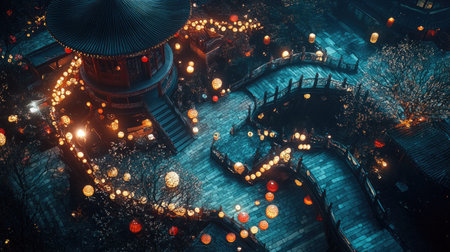 A bird's-eye view of a Chinese New Year lantern festival with creative lantern sculptures and glowing pathways.の素材