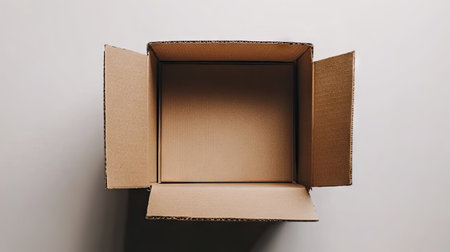 A cardboard box with slightly open flaps, isolated on a white background, perfect for moving, storage, or shipping-related stock photosの素材