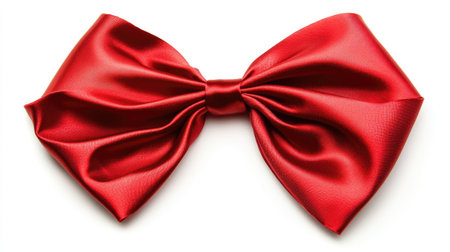 A bright red satin bow, tied into elegant loops, perfectly isolated on a plain white background, ideal for Christmas and gift themes.の素材