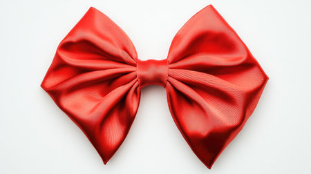 A bright red satin bow, tied into elegant loops, perfectly isolated on a plain white background, ideal for Christmas and gift themes.の素材