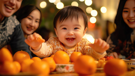 A candid moment of a toddler reaching for oranges on a Chinese New Year dinner table, surrounded by happy family members.の素材
