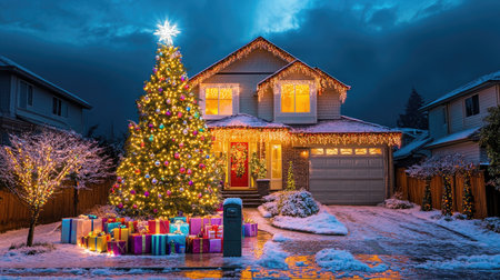 A charming house with a Christmas tree, twinkling lights, and colorful presents, beautifully arranged to celebrate the Feast of the Nativityの素材