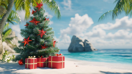 A cheerful holiday image of a Christmas tree with wrapped presents at its base, set against the backdrop of a tranquil beach.の素材