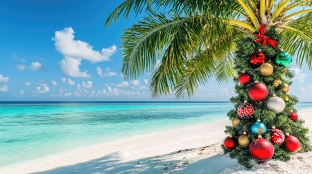 A Christmas holiday photo with garlands and ornaments decorating a palm tree on a pristine Maldivian beach with clear turquoise waters.の素材