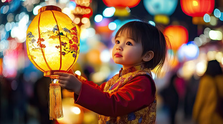 A child holding a colorful paper lantern while walking through a lively Chinese New Year festival at night.の素材