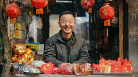 A cheerful vendor selling symbolic Chinese New Year decorations, including lanterns, red envelopes, and paper cuttings.の素材