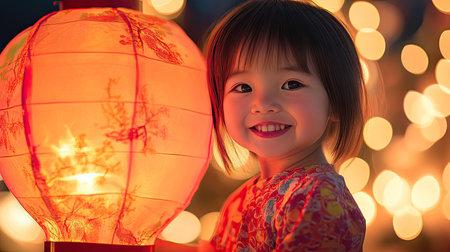A close-up of a child holding a traditional Chinese lantern, smiling against a backdrop of glowing lights.の素材