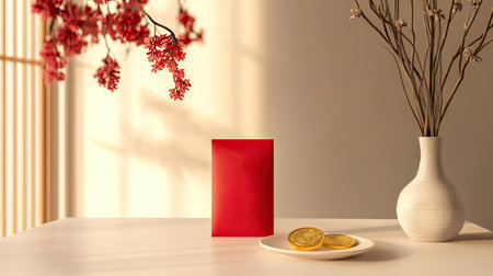 A clean and modern Chinese New Year scene with a red envelope and gold coin placed on a minimalist white table, surrounded by soft lighting.の素材