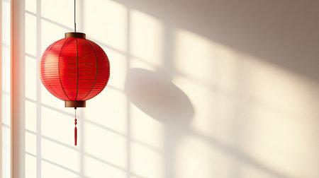 A clean, minimalist Chinese New Year scene with a single red lantern hanging on a white wall, casting a soft shadow that adds a gentle touch.の素材