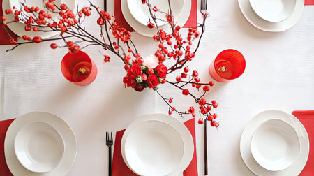 A clean, minimalist Chinese New Year table setting with a few simple red paper decorations and a soft white cloth for an elegant look.の素材