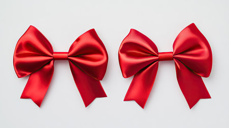 A clean top-down shot of two red ribbons elegantly placed side by side on a white background, evoking luxury and celebration.の素材
