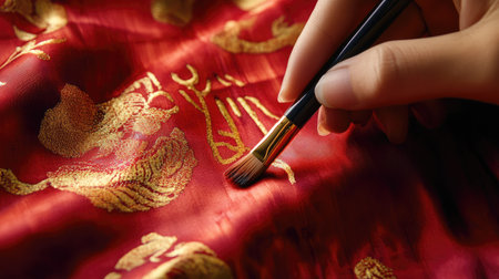 A close-up of a hand holding a brush, carefully painting Chinese New Year calligraphy with the characters for prosperity on red silk.の素材