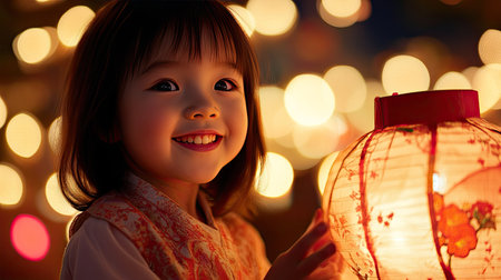 A close-up of a child holding a traditional Chinese lantern, smiling against a backdrop of glowing lights.の素材