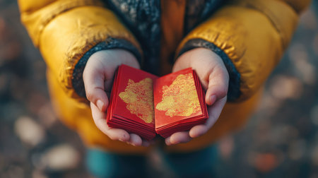 A child holding a traditional Chinese Spring Festival gift of red envelopes, symbolizing wealth and prosperity for the new year.の素材
