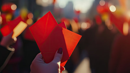 A close-up of red envelopes being distributed by hand during a vibrant Chinese New Year parade.の素材