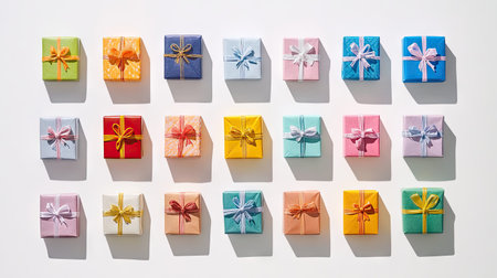 A cheerful collection of gift boxes in colorful wrapping, tied with bows and ribbons, perfectly arranged on a white surface.の素材