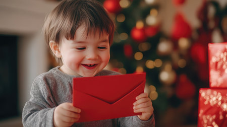 A cheerful toddler opening a red envelope, with festive Chinese New Year decorations in the background.の素材