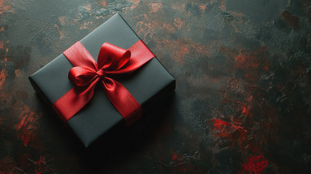 A chic black gift box with a bold red bow, placed on a shiny dark surface, ideal for promotions, luxury gifting, or holiday celebrations.の素材