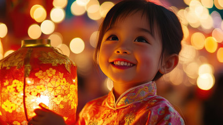 A close-up of a child holding a traditional Chinese lantern, smiling against a backdrop of glowing lights.の素材