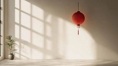 A clean, minimalist Chinese New Year scene with a single red lantern hanging on a white wall, casting a soft shadow that adds a gentle touch.の素材