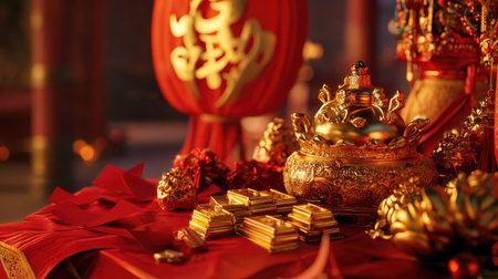 A close-up of gold ingot figurines and red envelopes arranged on a red silk cloth, with an auspicious character in the background.の素材