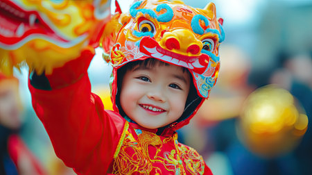 A child wearing a Chinese zodiac-themed costume, proudly holding up a mask of the year's zodiac animal during a New Year celebration.の素材