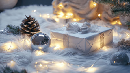 A Christmas decoration scene on a white furry carpet with illuminated lights, a wrapped gift box with ribbon, a glossy ornament, and a pine cone for a festive touchの素材