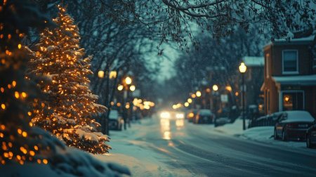 A city street covered in snow on Christmas Eve, with brightly lit trees creating a festive glow and blurred bokeh lights adding to the magic of the sceneの素材