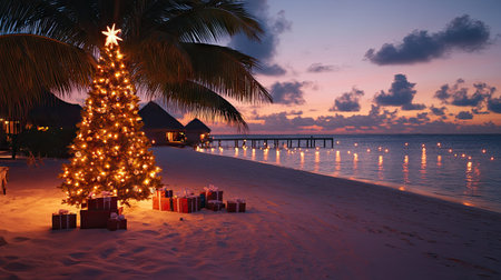 A Christmas celebration in the Maldives with a beautifully lit tree, festive decorations, and gift boxes arranged on the sandy beach.の素材