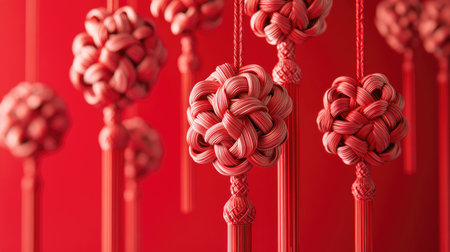 A close-up of intricate Chinese knot decorations hanging against a festive red backdrop, symbolizing prosperity and good fortune.の素材