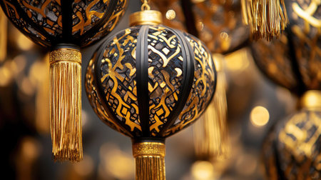 A close-up of intricately designed Chinese lanterns with golden patterns and tassels, swaying gently in the breeze.の素材