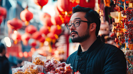 A close-up of a vendor selling traditional Chinese New Year snacks and trinkets at a temple fair, with colorful decorations and red lanterns overhead.の素材