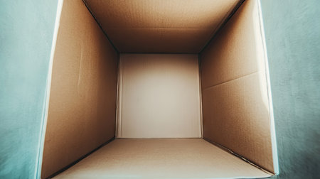 A clean, open cardboard box with visible interior flaps on a white background, perfect for illustrating moving or storage purposes in photographyの素材