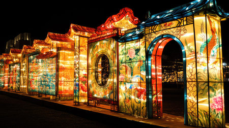 A close-up of lanterns illuminated at night, showcasing traditional Chinese New Year patterns and calligraphy.の素材