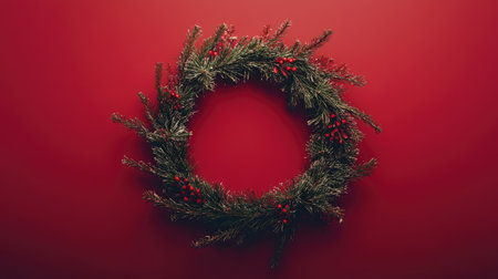 A circular wreath of fir branches and holiday decorations on a red background, perfect for designing Christmas cards, social media posts, or promotional materials.の素材